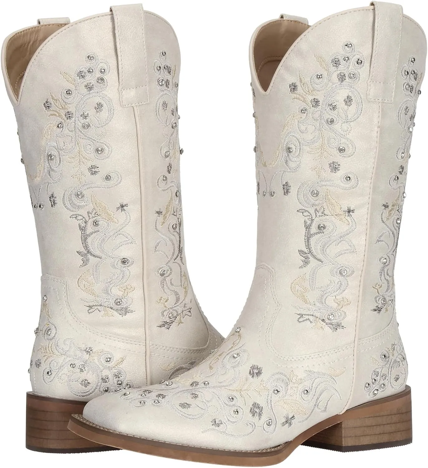 SheSole Women's Cowboy Boots Square Toe Rhinestone Mid Calf Floral Western Boot Fashion Cowgirl Shoes