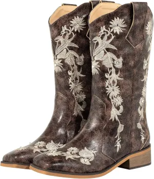 SheSole Women's Floral Rhinestones Square Toe Cowboy Boots Western Country Wedding Cowgirl Boots Wide Calf