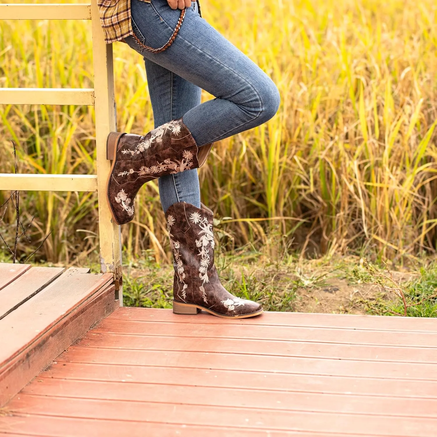 SheSole Women's Floral Rhinestones Square Toe Cowboy Boots Western Country Wedding Cowgirl Boots Wide Calf