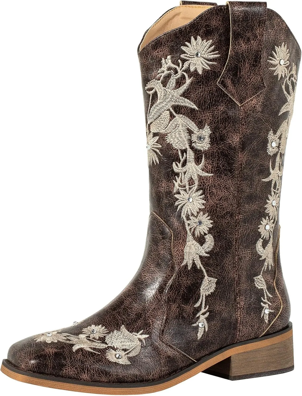SheSole Women's Floral Rhinestones Square Toe Cowboy Boots Western Country Wedding Cowgirl Boots Wide Calf
