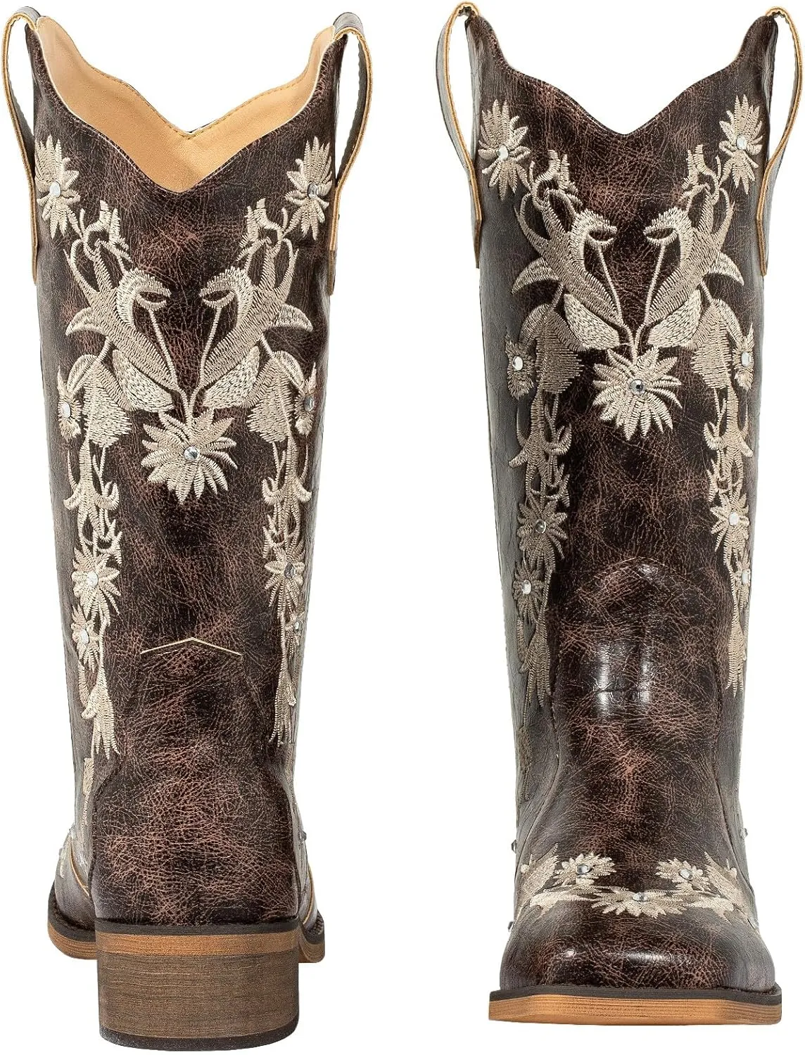 SheSole Women's Floral Rhinestones Square Toe Cowboy Boots Western Country Wedding Cowgirl Boots Wide Calf