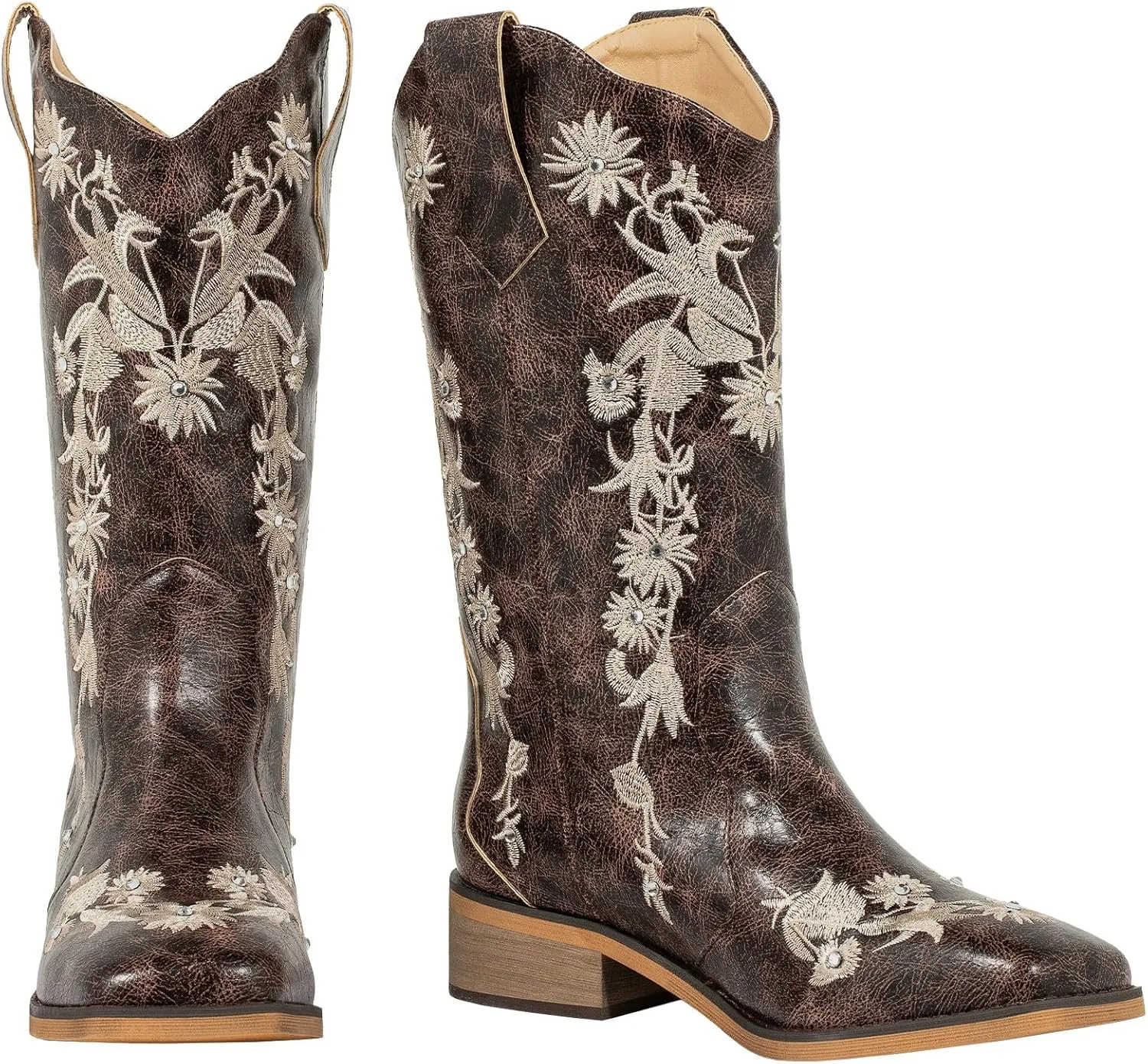 SheSole Women's Floral Rhinestones Square Toe Cowboy Boots Western Country Wedding Cowgirl Boots Wide Calf