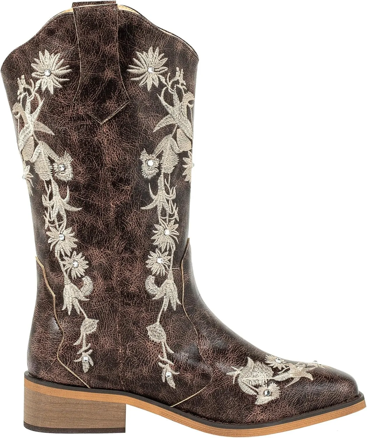 SheSole Women's Floral Rhinestones Square Toe Cowboy Boots Western Country Wedding Cowgirl Boots Wide Calf