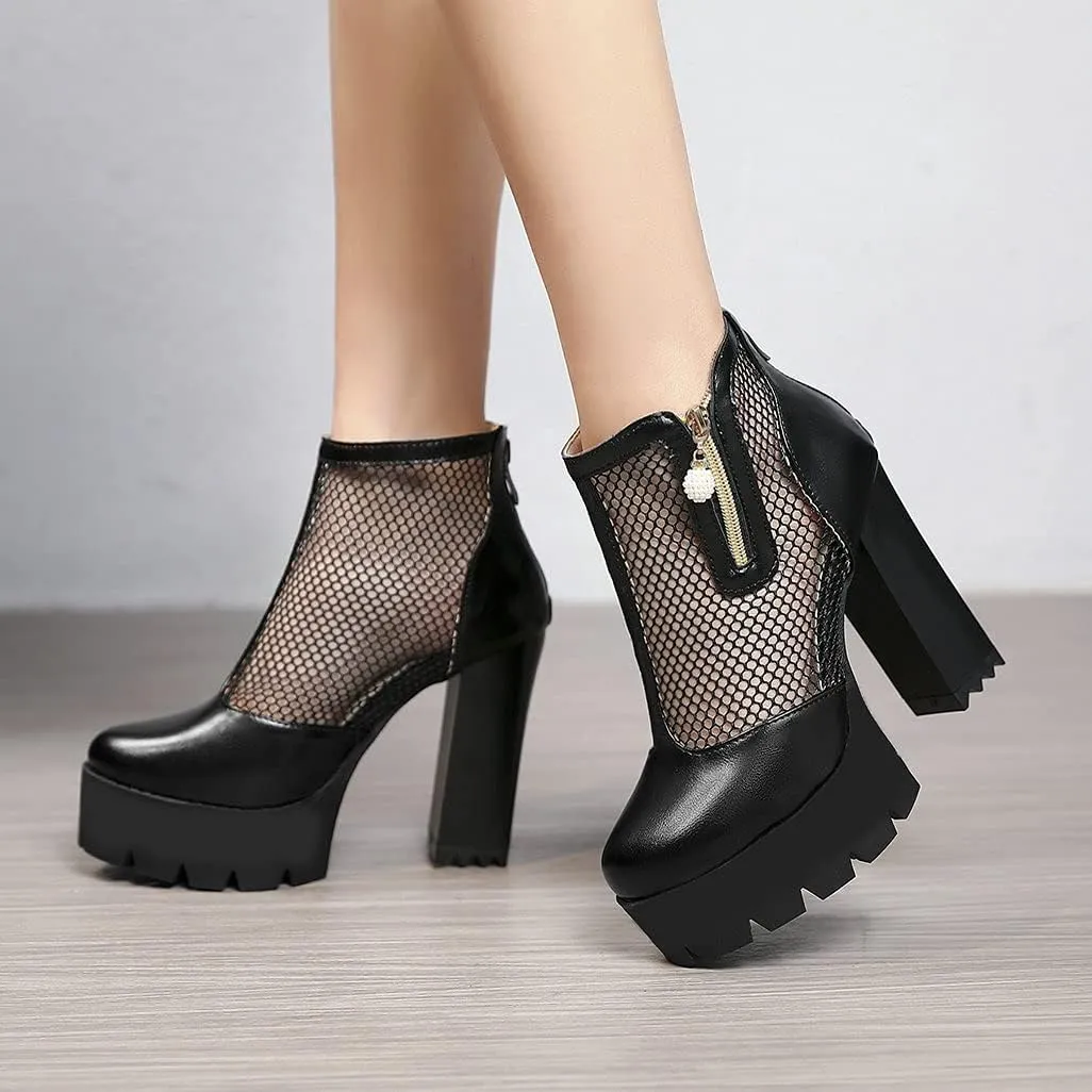 Shinelly Cutout Heeled Booties Mesh Ankle Boots Summer High Heel Platform Boots for Women