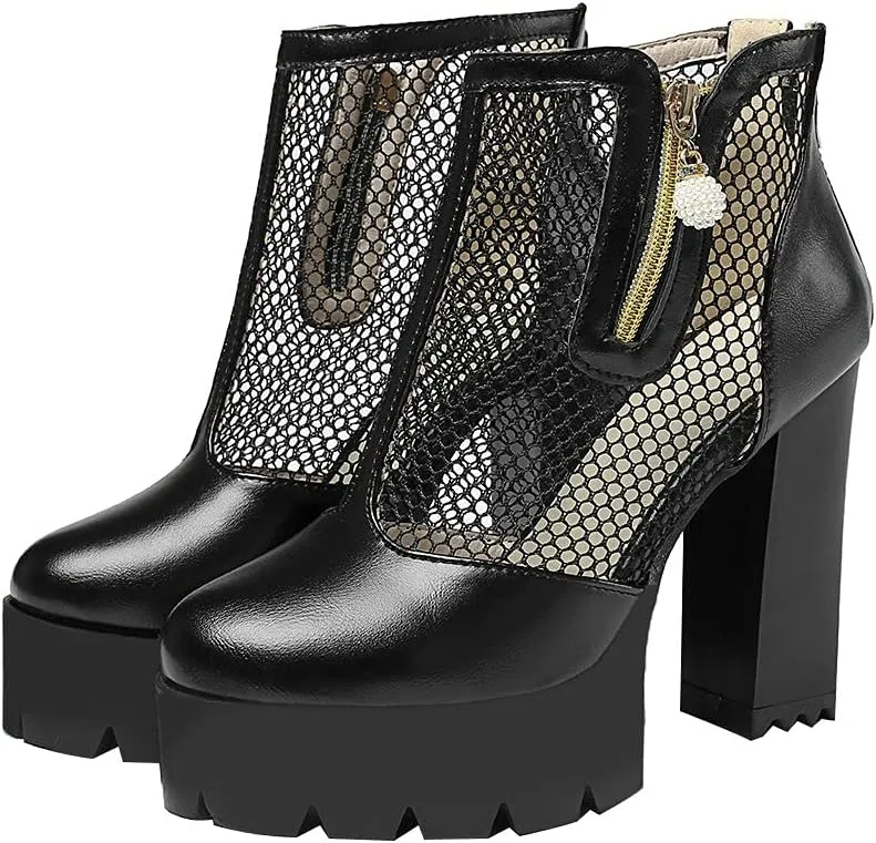 Shinelly Cutout Heeled Booties Mesh Ankle Boots Summer High Heel Platform Boots for Women