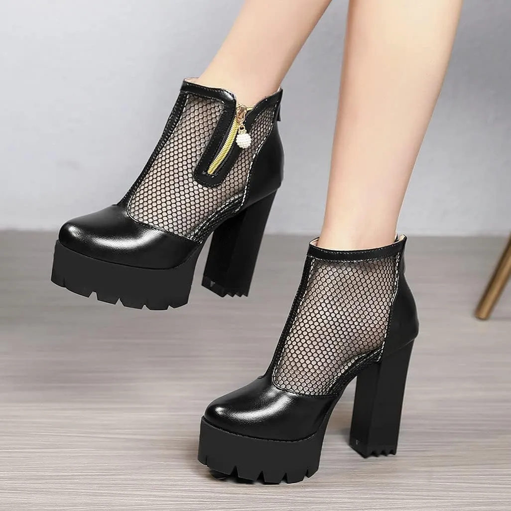 Shinelly Cutout Heeled Booties Mesh Ankle Boots Summer High Heel Platform Boots for Women