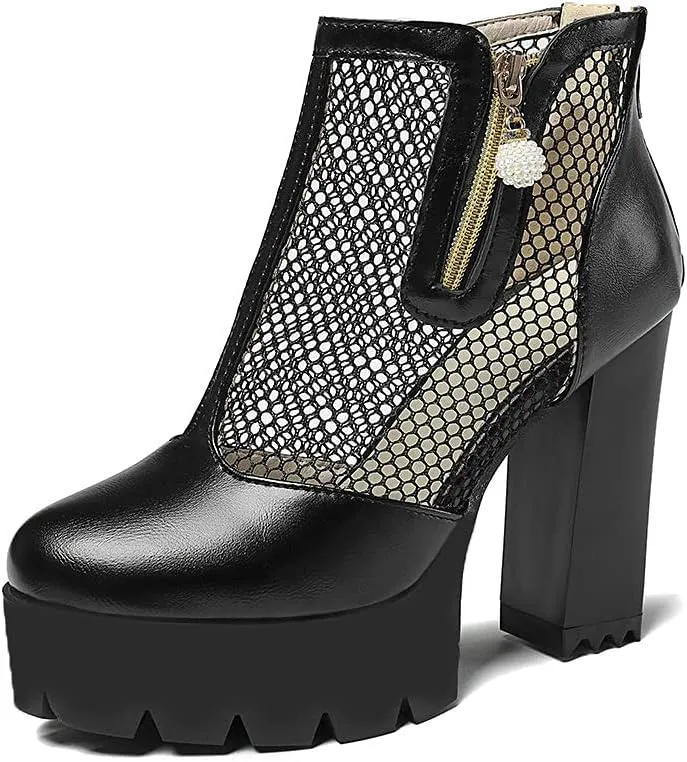 Shinelly Cutout Heeled Booties Mesh Ankle Boots Summer High Heel Platform Boots for Women