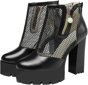 Shinelly Cutout Heeled Booties Mesh Ankle Boots Summer High Heel Platform Boots for Women