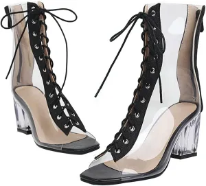 Shinelly Women Clear Transparent Lace Up Peep Toe Ankle Bootie Block Heel Open Toe Summer Boots