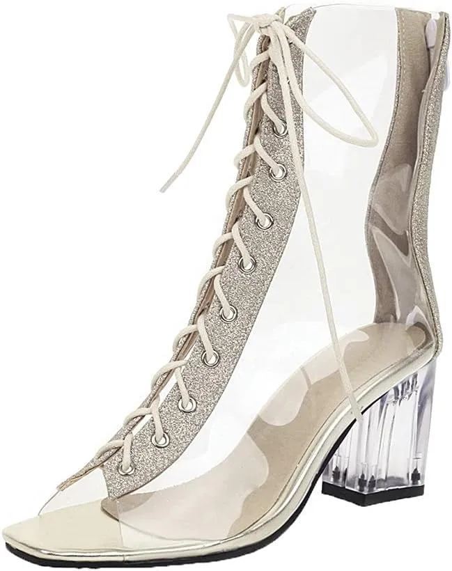 Shinelly Women Clear Transparent Lace Up Peep Toe Ankle Bootie Block Heel Open Toe Summer Boots