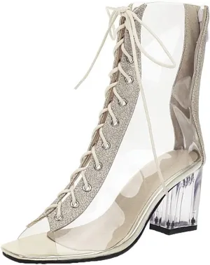 Shinelly Women Clear Transparent Lace Up Peep Toe Ankle Bootie Block Heel Open Toe Summer Boots