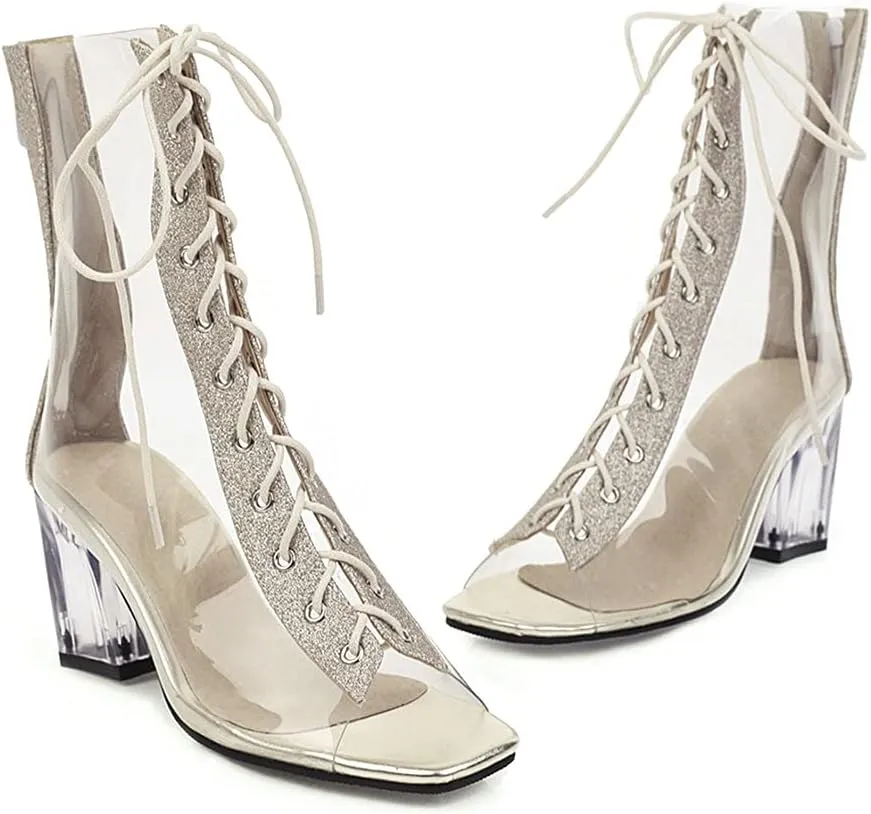 Shinelly Women Clear Transparent Lace Up Peep Toe Ankle Bootie Block Heel Open Toe Summer Boots