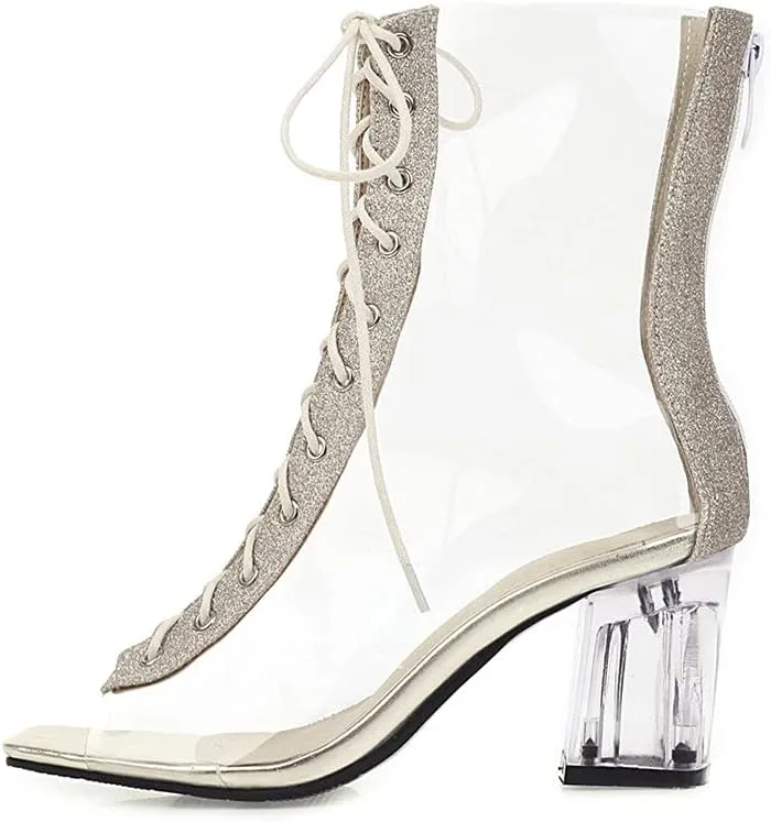 Shinelly Women Clear Transparent Lace Up Peep Toe Ankle Bootie Block Heel Open Toe Summer Boots