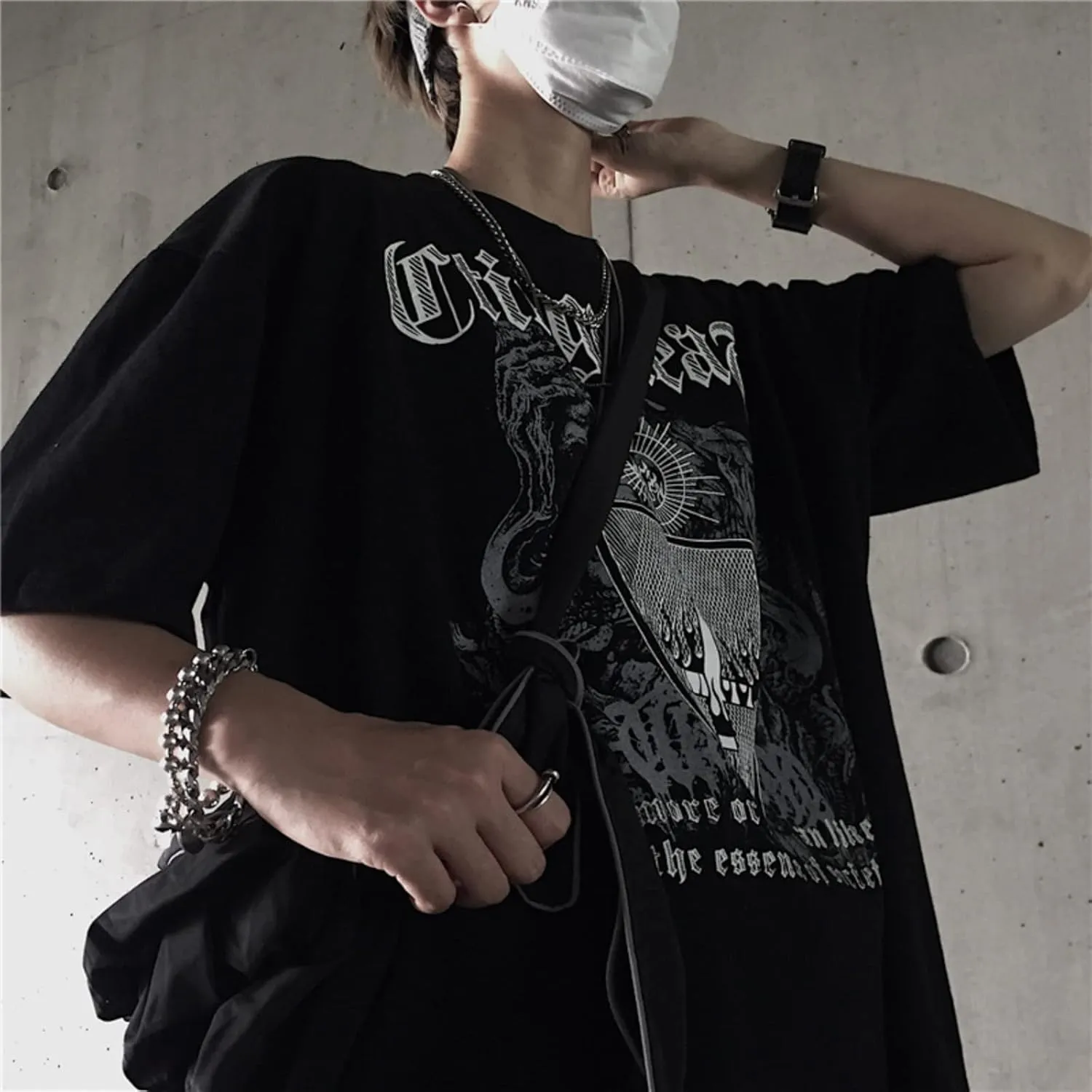 SHINsuke Men Women Y2K Dark Academia T Shirt Harajuku Short Sleeve Gothic Punk Cloth Korean Alt Emo Blouse Loose Top