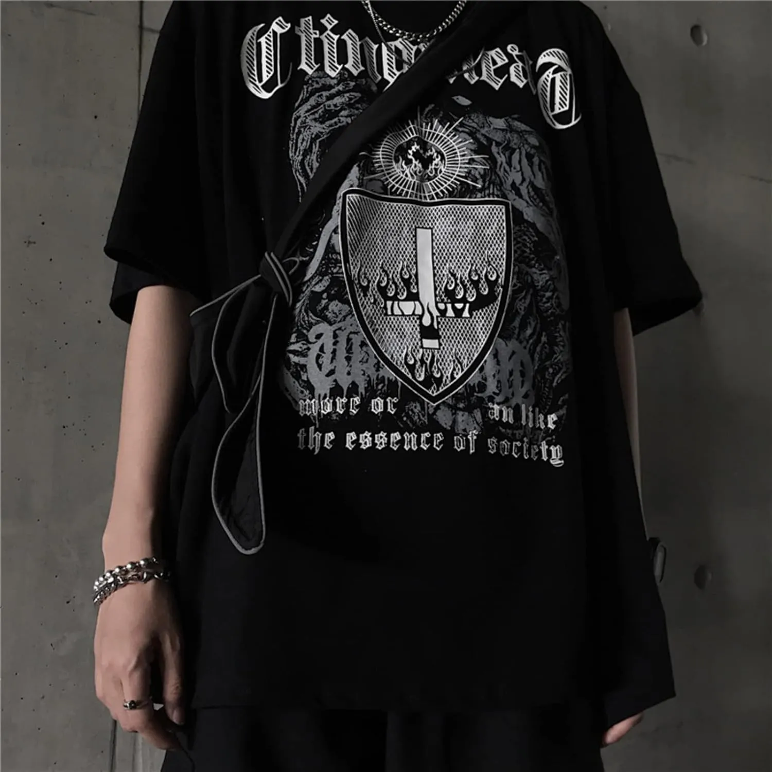 SHINsuke Men Women Y2K Dark Academia T Shirt Harajuku Short Sleeve Gothic Punk Cloth Korean Alt Emo Blouse Loose Top