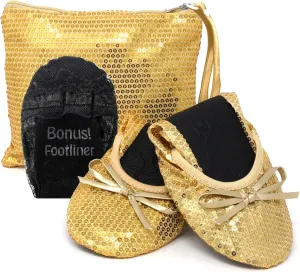 Silky Toes Women's Foldable Sequin Shoes Dressy Ballet Flats Roll Up Slipper Shoe with Matching Carrying Pouch