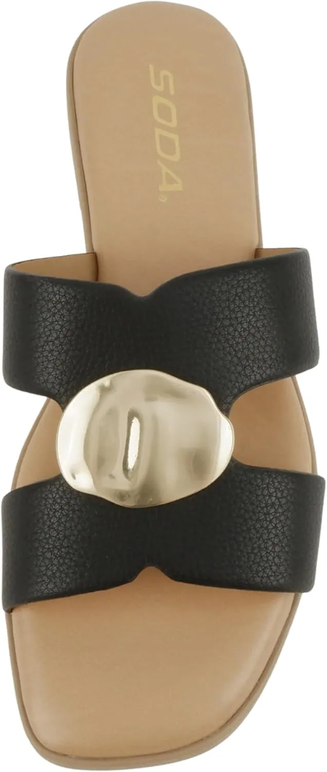 Soda “Flash” ~ Women Square Toe Ornamented H-Band Slip-On Sandals
