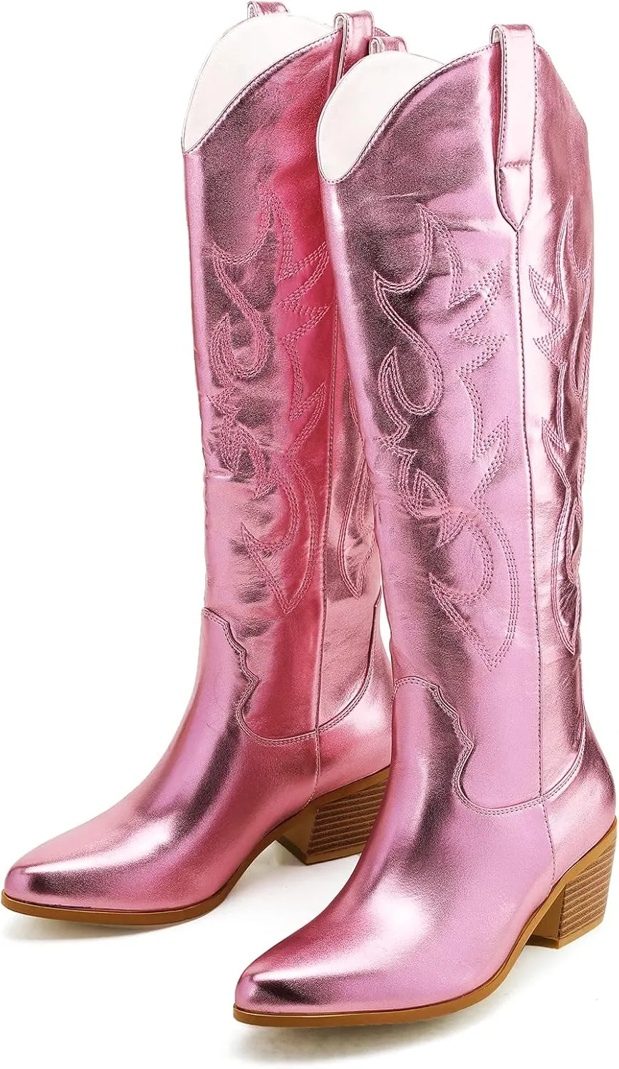 STALOV Cowboy Boots for Women,Western Pointed Toe Chunky Heel Pull-On Knee High Cowgirl Boots Fashion Embroidered Tall