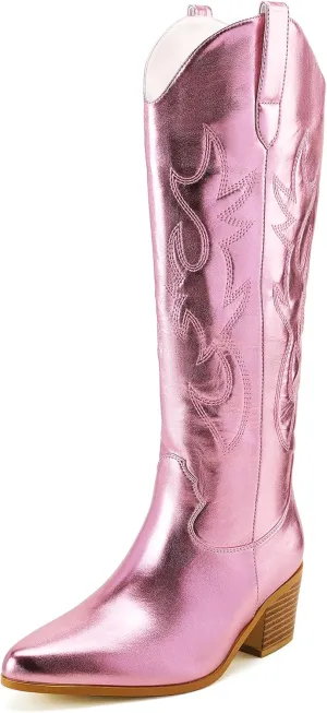 STALOV Cowboy Boots for Women,Western Pointed Toe Chunky Heel Pull-On Knee High Cowgirl Boots Fashion Embroidered Tall