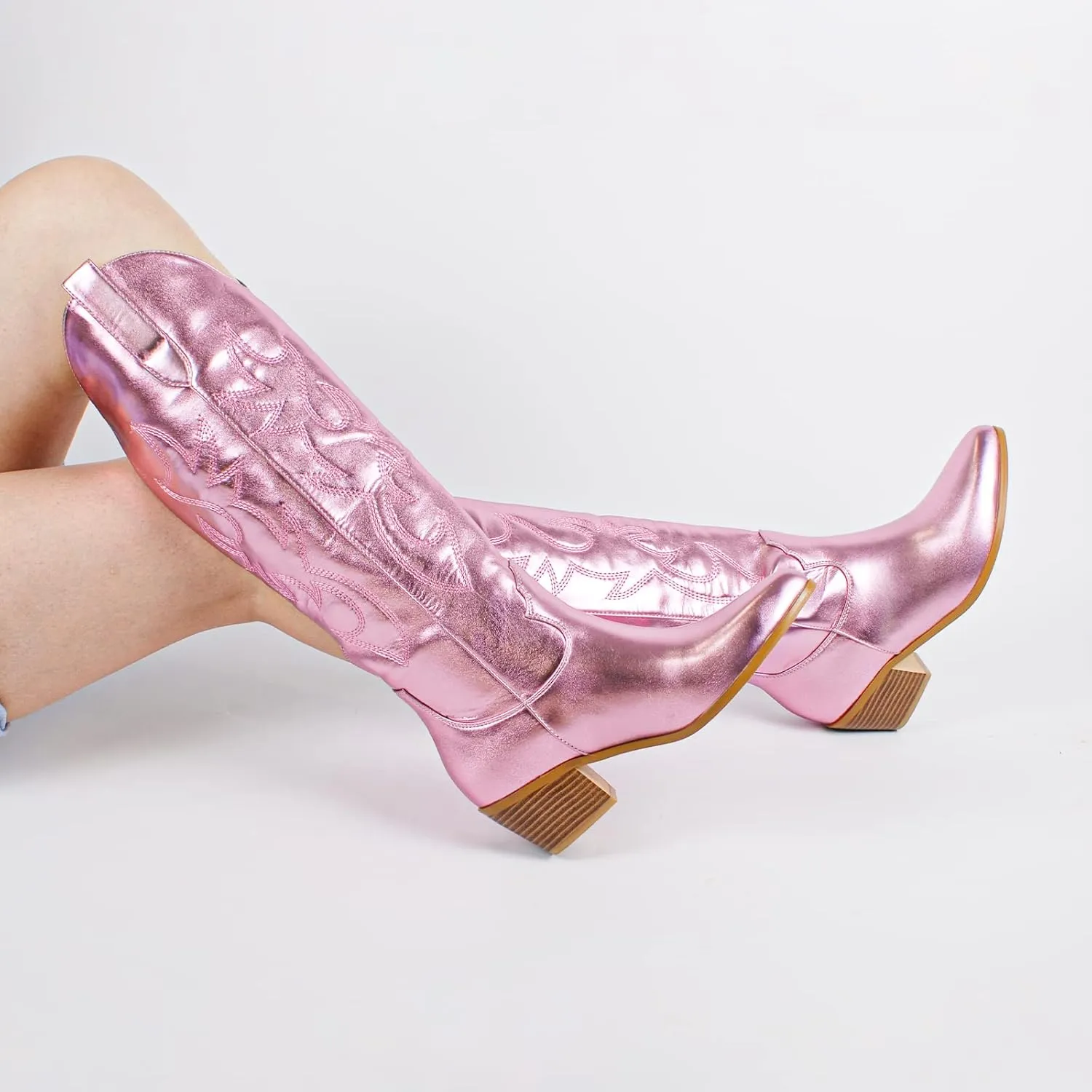 STALOV Cowboy Boots for Women,Western Pointed Toe Chunky Heel Pull-On Knee High Cowgirl Boots Fashion Embroidered Tall