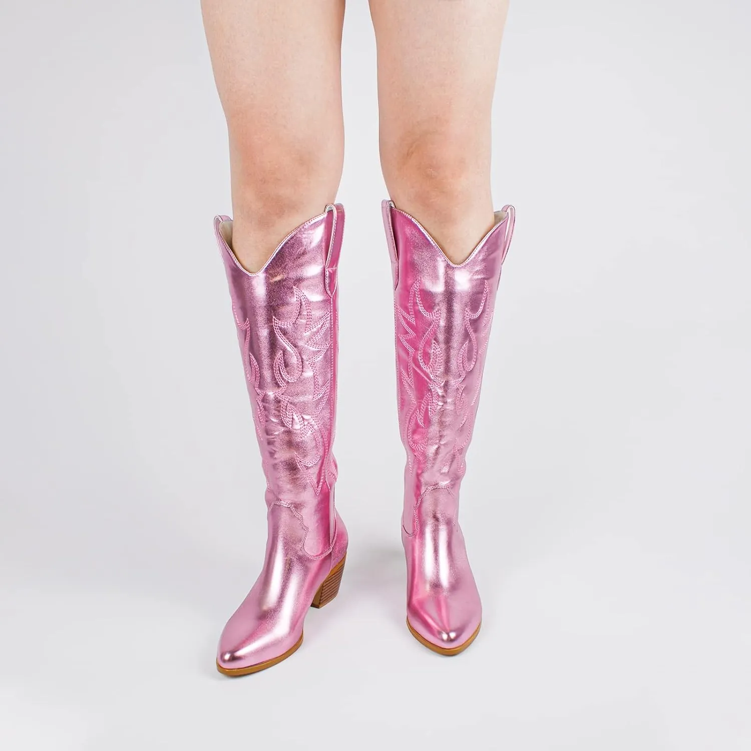 STALOV Cowboy Boots for Women,Western Pointed Toe Chunky Heel Pull-On Knee High Cowgirl Boots Fashion Embroidered Tall