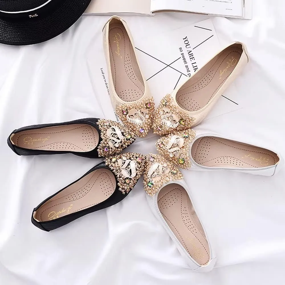 Stunner Womens Foldable Pointed Toe Ballet Flats Rhinestone Loafers Fashion Flats