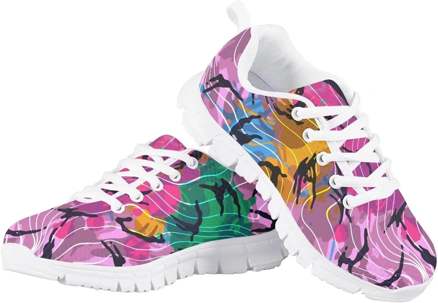 Stylish Print Tennis Shoes for Girls Breathable Mesh Nonslip Lightweight Soft Lace Up Athletic Sneakers