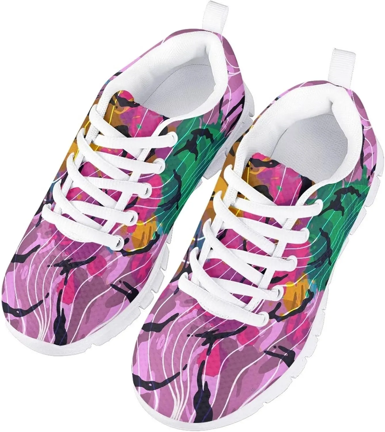 Stylish Print Tennis Shoes for Girls Breathable Mesh Nonslip Lightweight Soft Lace Up Athletic Sneakers