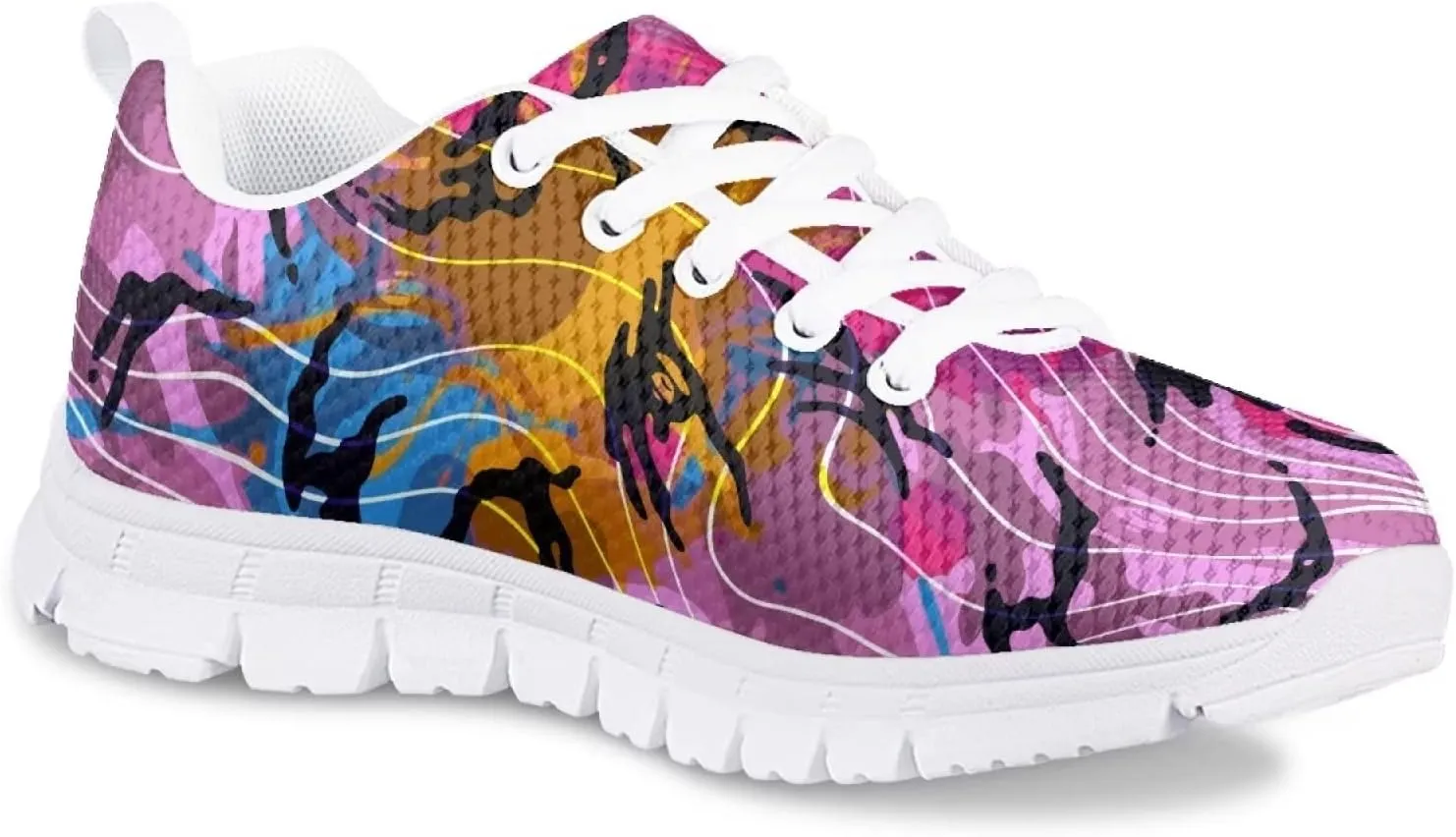 Stylish Print Tennis Shoes for Girls Breathable Mesh Nonslip Lightweight Soft Lace Up Athletic Sneakers