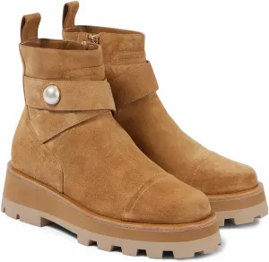 Suede Ankle Boots For Women Platform Pearl Combat Short Boots With Zipper Round Toe Chunky Heel Booties Fashion Buckle Flat Dress Shoes