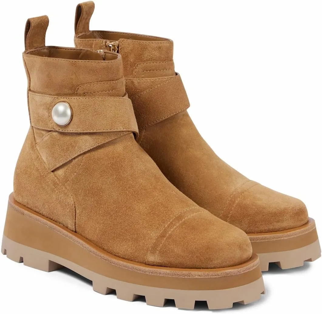 Suede Ankle Boots For Women Platform Pearl Combat Short Boots With Zipper Round Toe Chunky Heel Booties Fashion Buckle Flat Dress Shoes