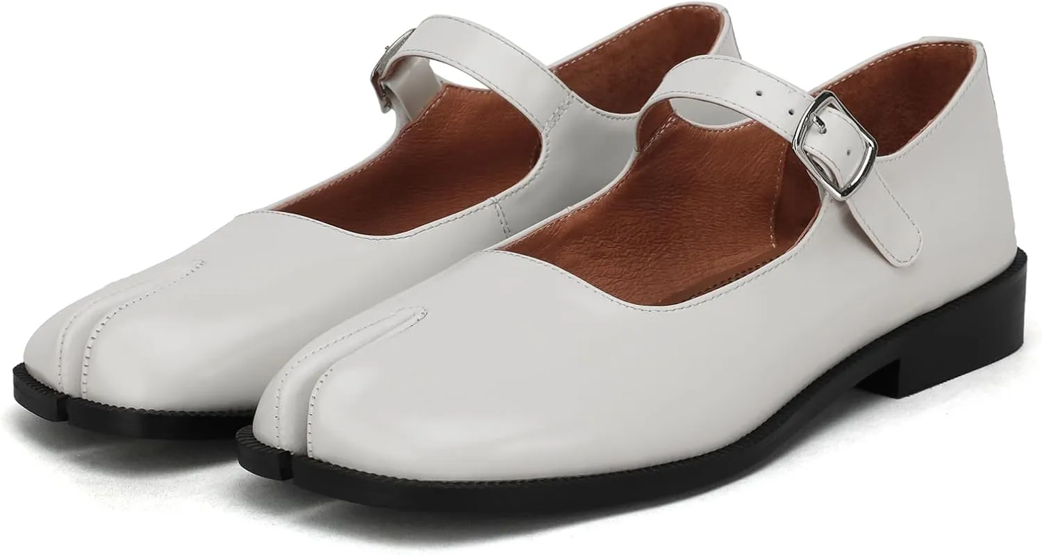 Tabi Mary Jane Shoes Women Split Toe Low Heel with Ankle Buckle Strap Flats Shoes for Women