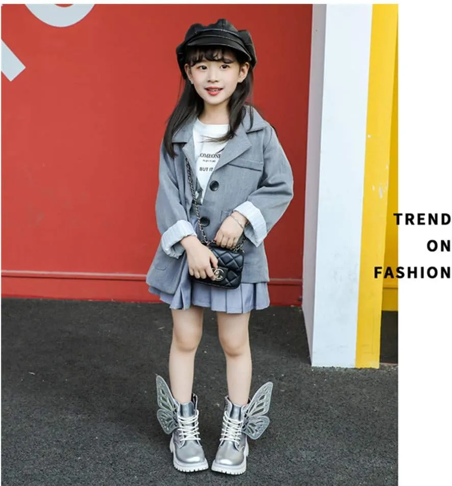 TangDao Kid Baby Girls Fashion Lace Up Leather Ankle Boots Detachable Butterfly Wings Side Zipper Outdoor Warm Short Snow Waterproof Boots for girls
