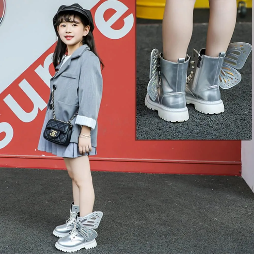 TangDao Kid Baby Girls Fashion Lace Up Leather Ankle Boots Detachable Butterfly Wings Side Zipper Outdoor Warm Short Snow Waterproof Boots for girls