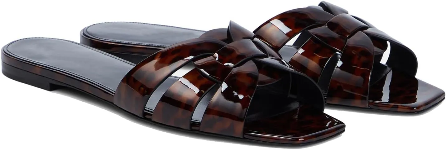THESHY Women's Flat Sandals Square Toe Patent Leather Comfortable Slip on Slippers Casual Summer Dressy Beach Slide Sandals for Women
