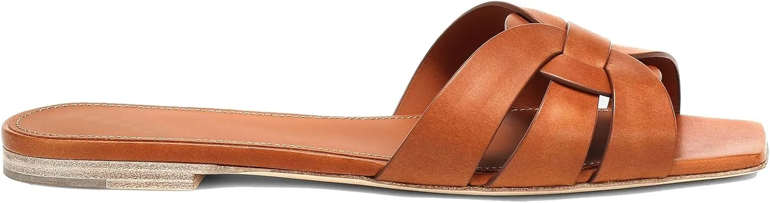 THESHY Women's Flat Sandals Square Toe Patent Leather Comfortable Slip on Slippers Casual Summer Dressy Beach Slide Sandals for Women