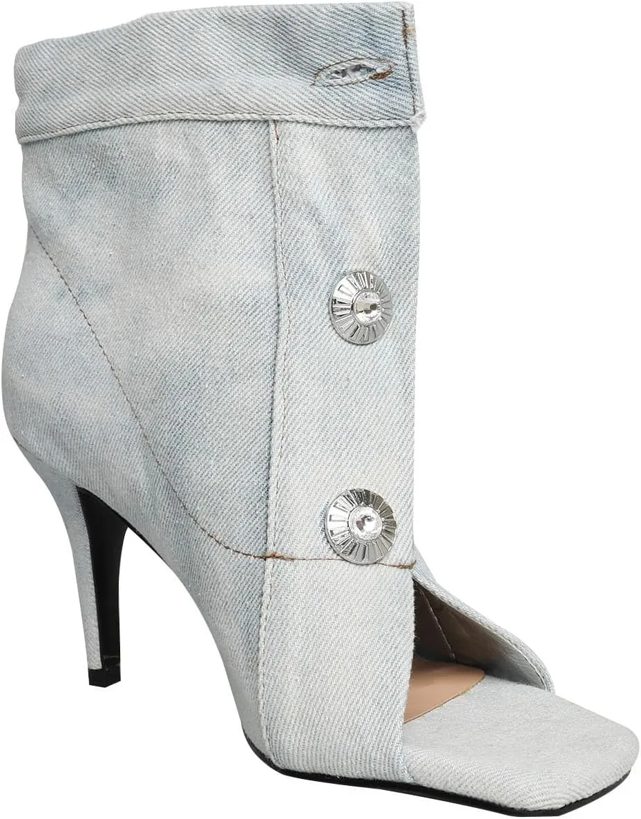 THESHY Women's Peep Toe Stiletto High Heel Ankle Denim Boots Metal Button Sandals Bootie Fashion Shoes for Women