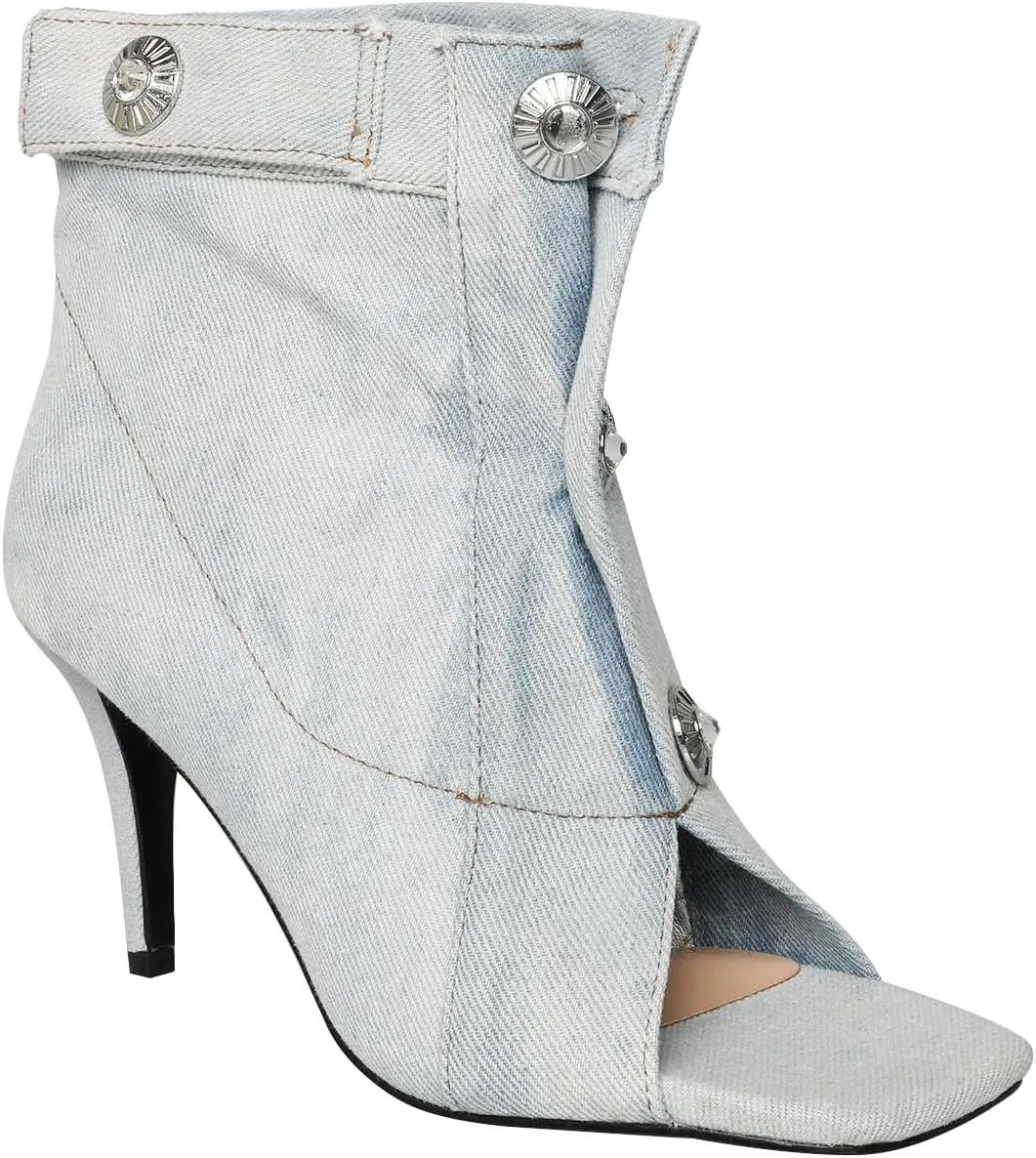 THESHY Women's Peep Toe Stiletto High Heel Ankle Denim Boots Metal Button Sandals Bootie Fashion Shoes for Women