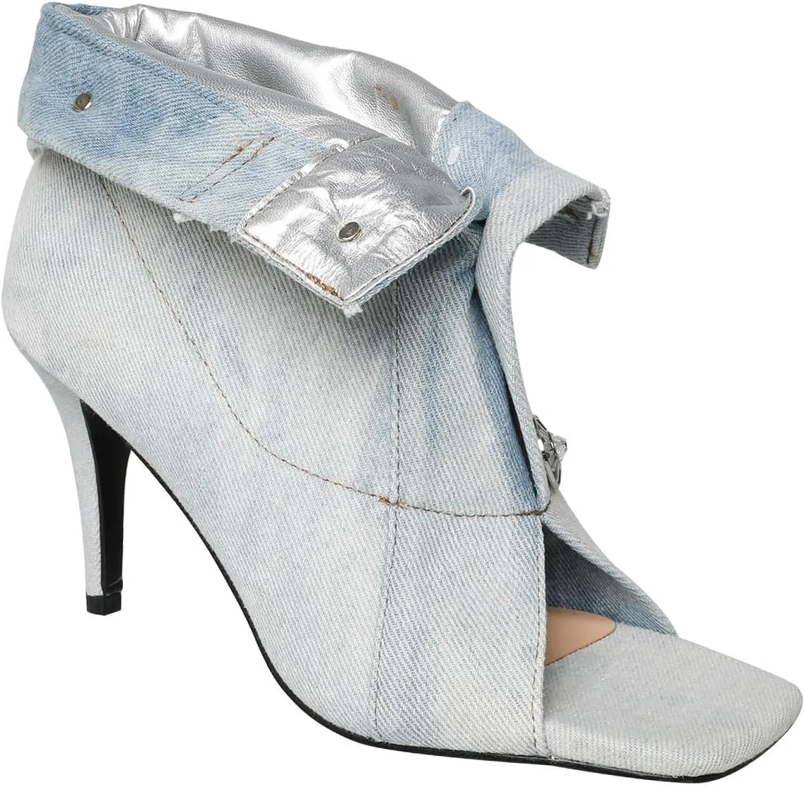 THESHY Women's Peep Toe Stiletto High Heel Ankle Denim Boots Metal Button Sandals Bootie Fashion Shoes for Women