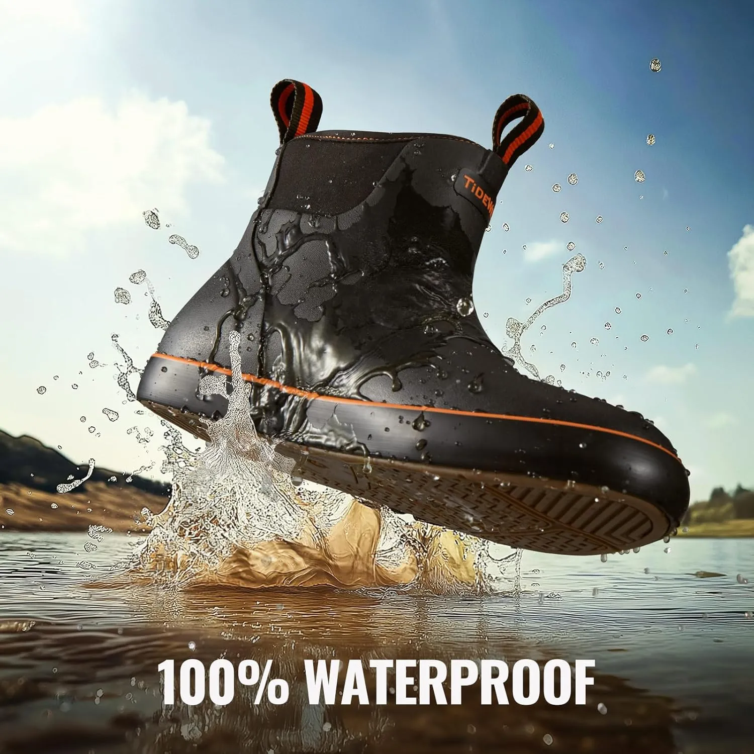 TIDEWE Deck Boots for Men, Waterproof Fishing Boots, Slip On Neoprene Rubber Ankle Rain Boots for Boating (Black Orange, Light Grey & Grey Brown, Size 7-14)