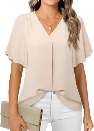 Timeson Women's V Neck Chiffon Blouse Ruffle Sleeve Ladies Work Shirts
