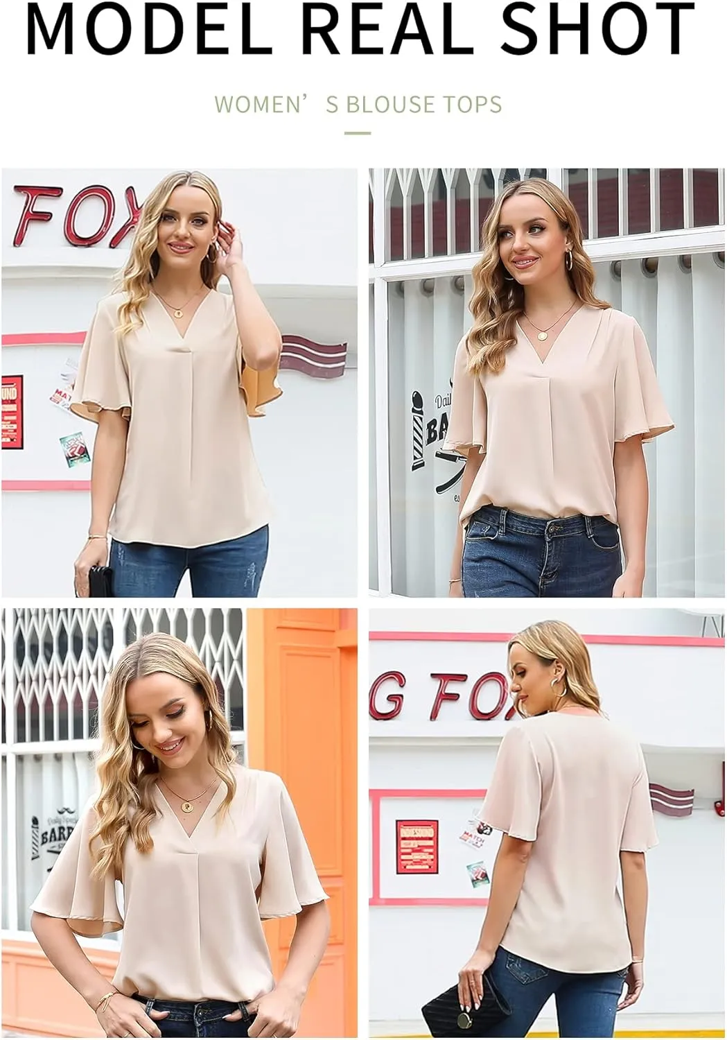 Timeson Women's V Neck Chiffon Blouse Ruffle Sleeve Ladies Work Shirts