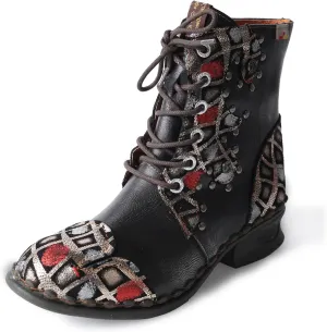 TMA EYES Geometric-Contrast Patchwork Leather Combat Women Boot