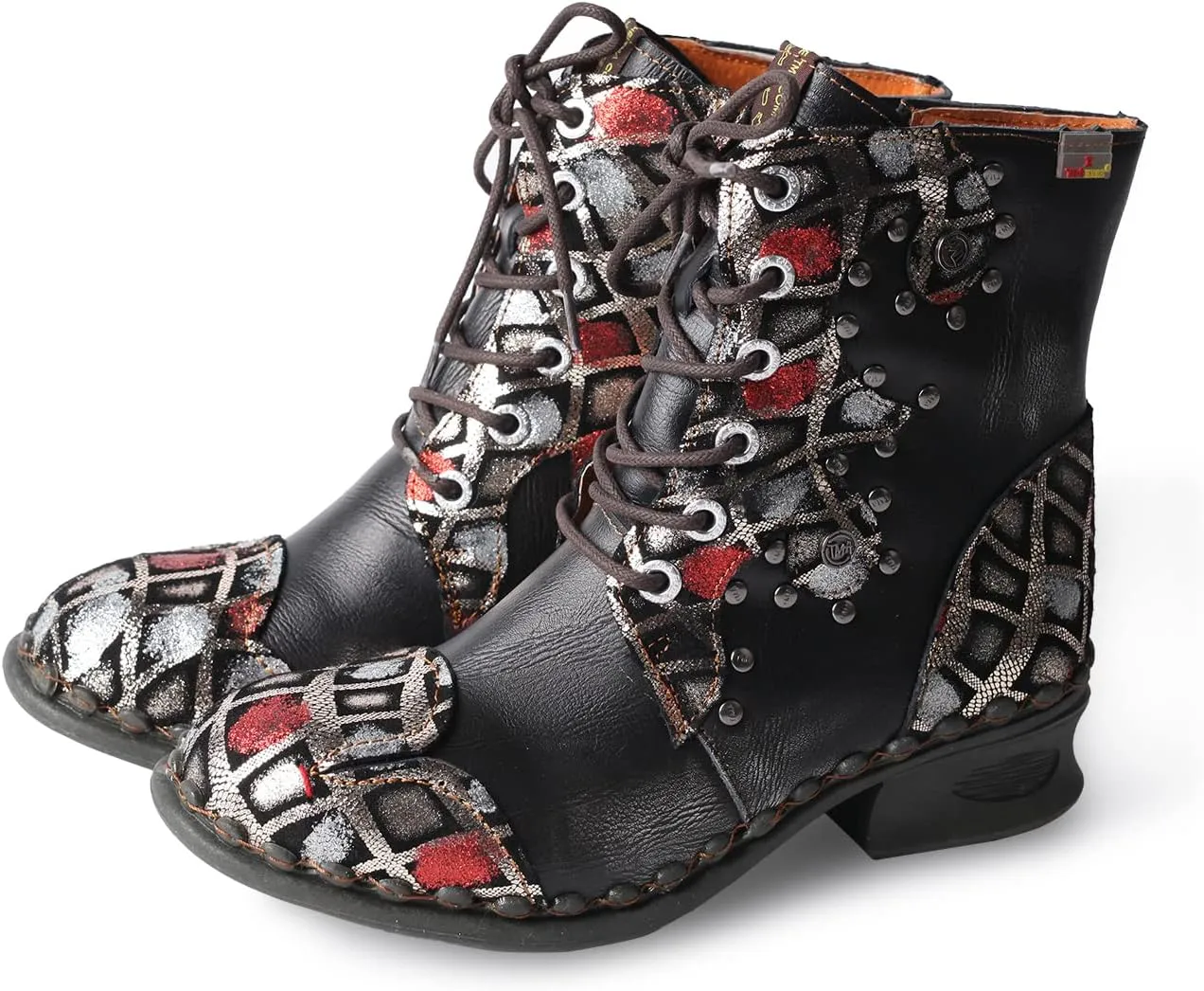 TMA EYES Geometric-Contrast Patchwork Leather Combat Women Boot