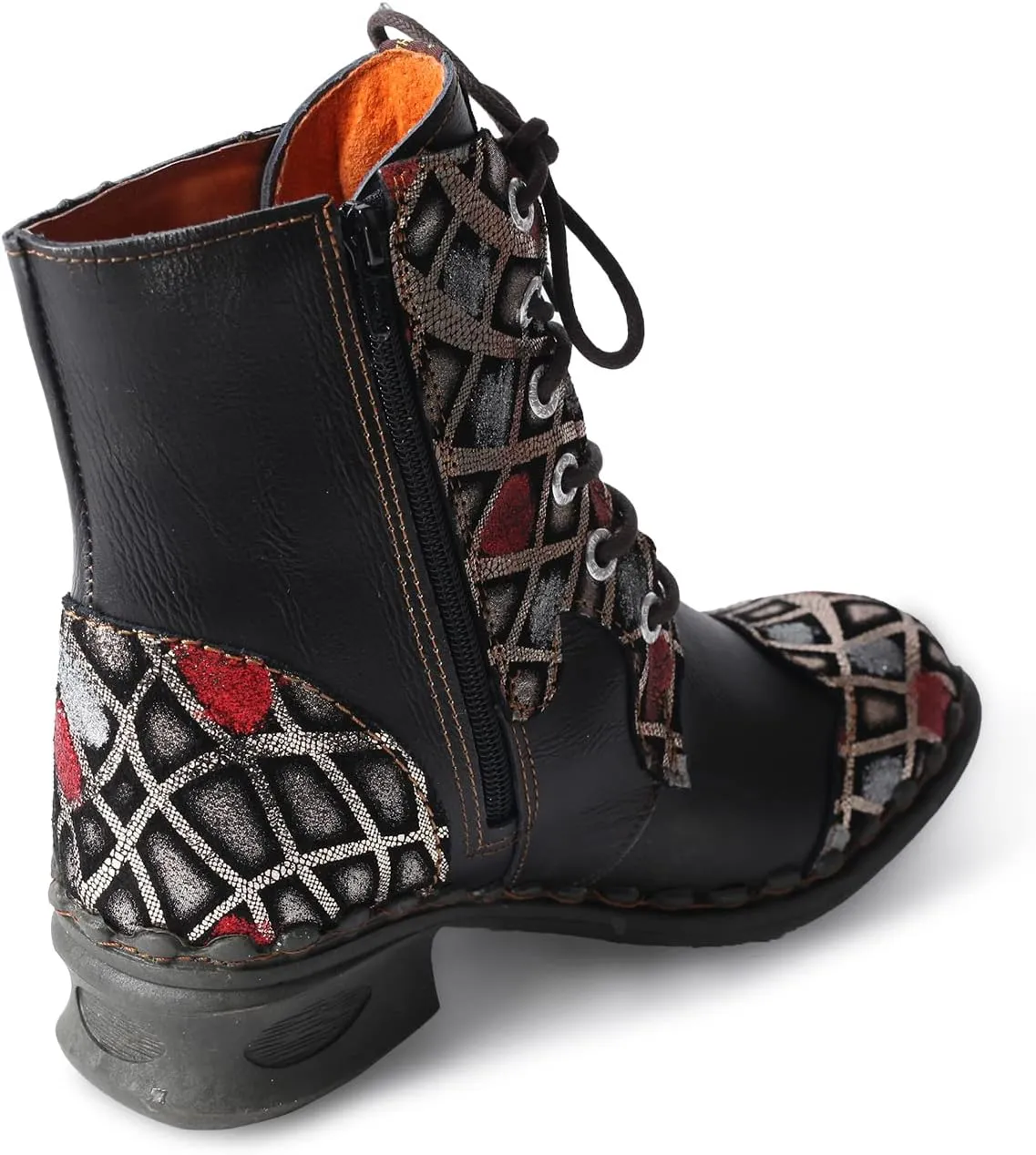 TMA EYES Geometric-Contrast Patchwork Leather Combat Women Boot