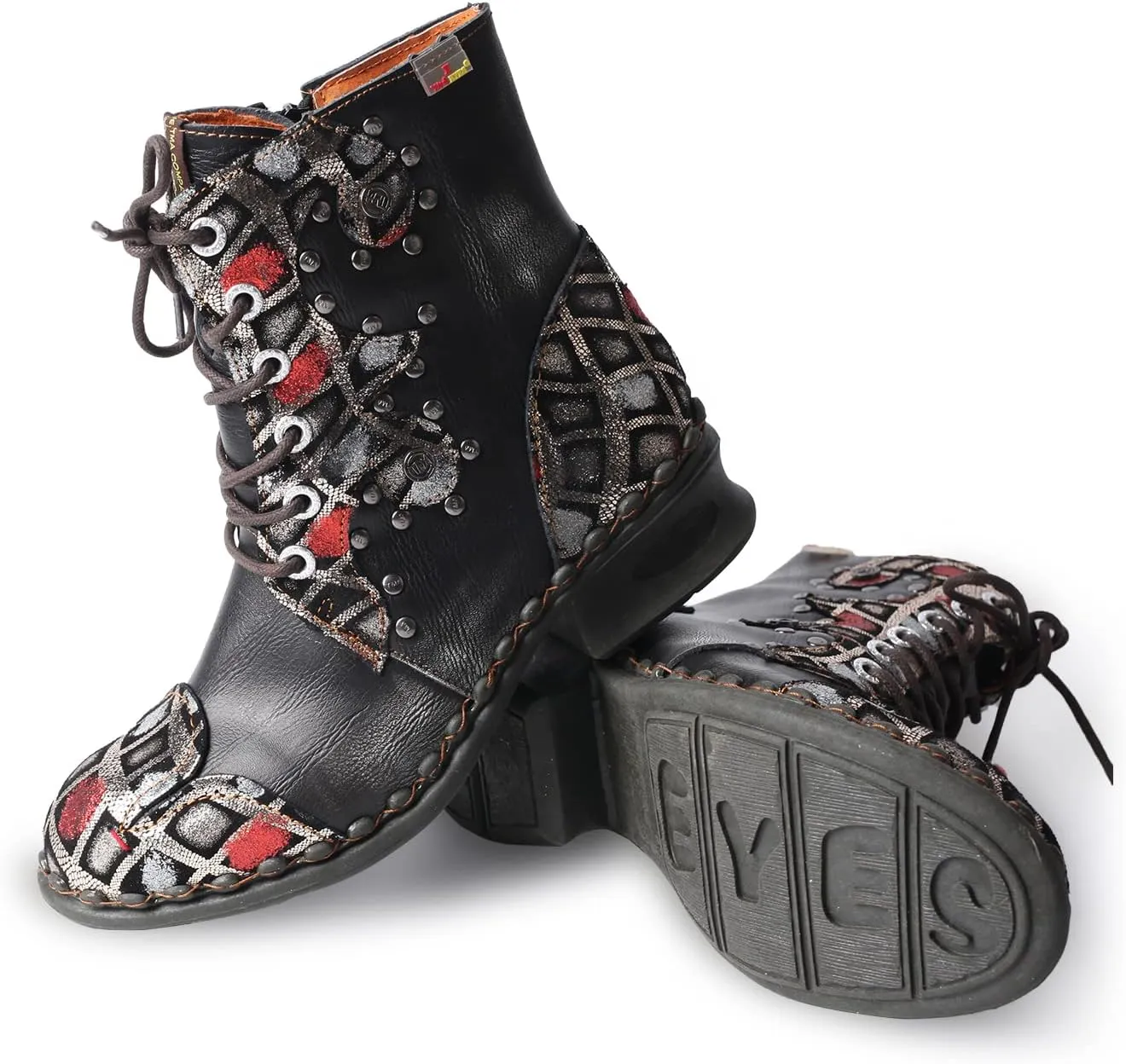 TMA EYES Geometric-Contrast Patchwork Leather Combat Women Boot