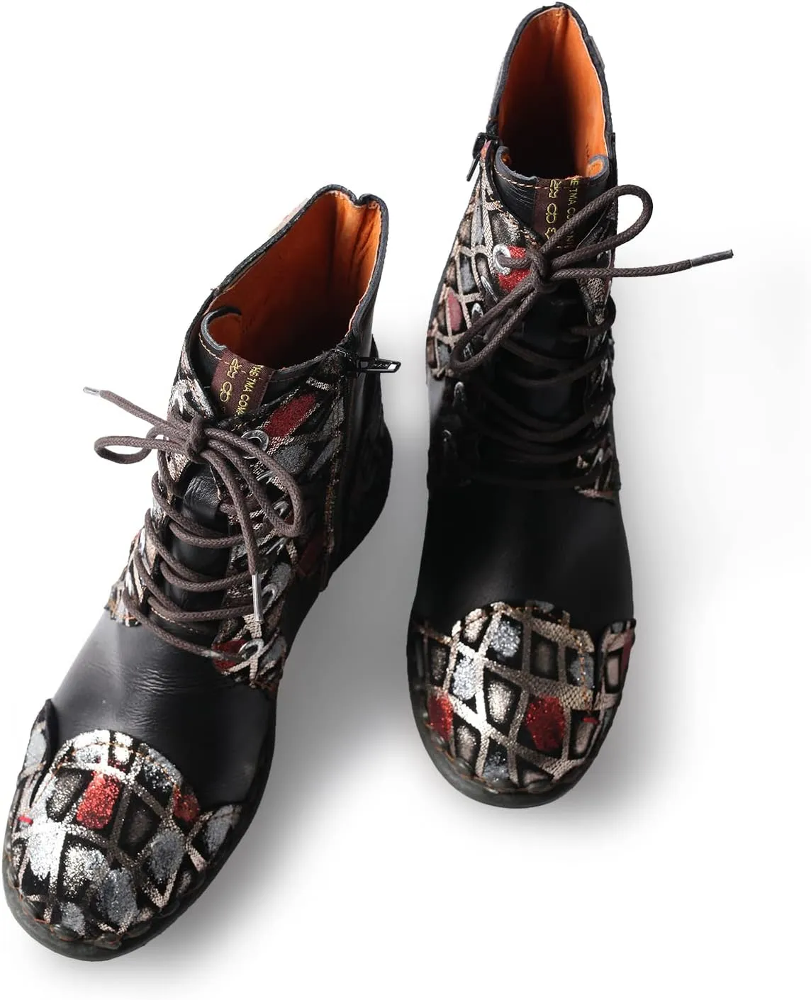 TMA EYES Geometric-Contrast Patchwork Leather Combat Women Boot