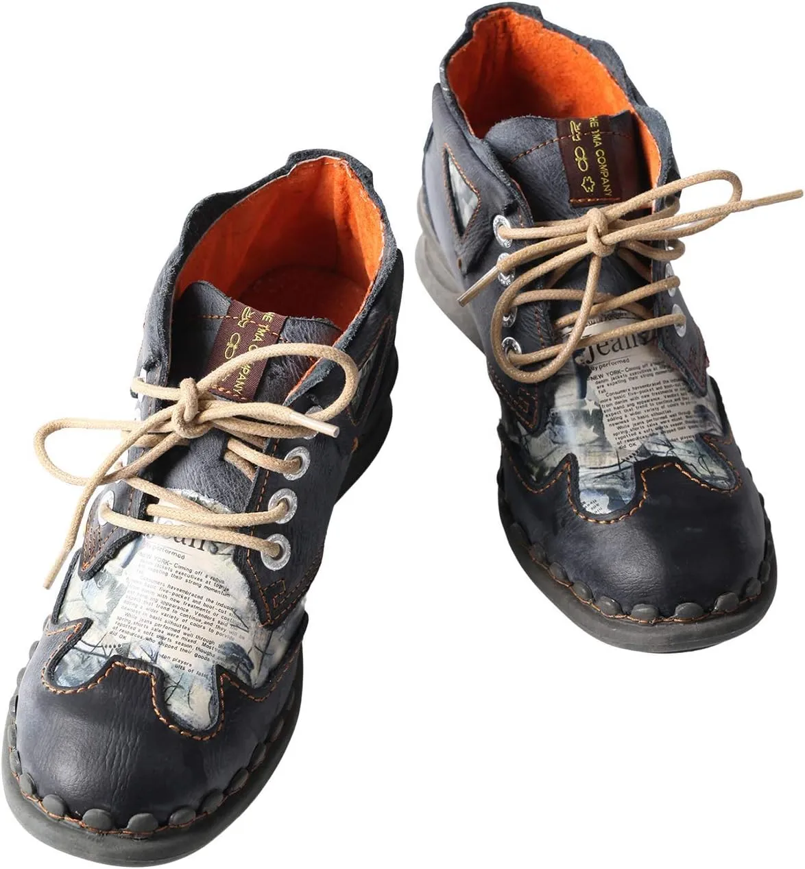 TMA EYES Leather Women's Ankle Boots Shoes for Outdoor,Medium heel, Floral Newspaper Printed Leather Material