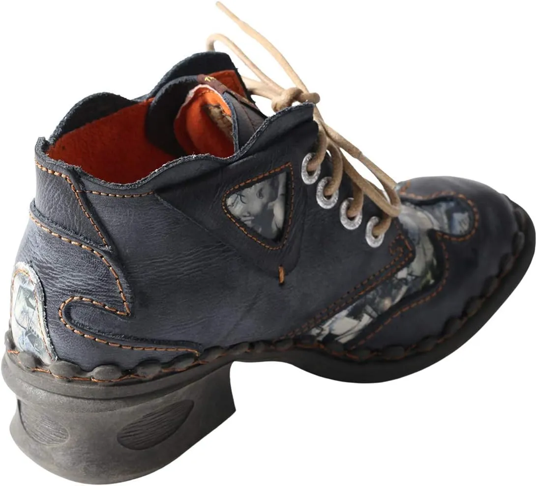 TMA EYES Leather Women's Ankle Boots Shoes for Outdoor,Medium heel, Floral Newspaper Printed Leather Material