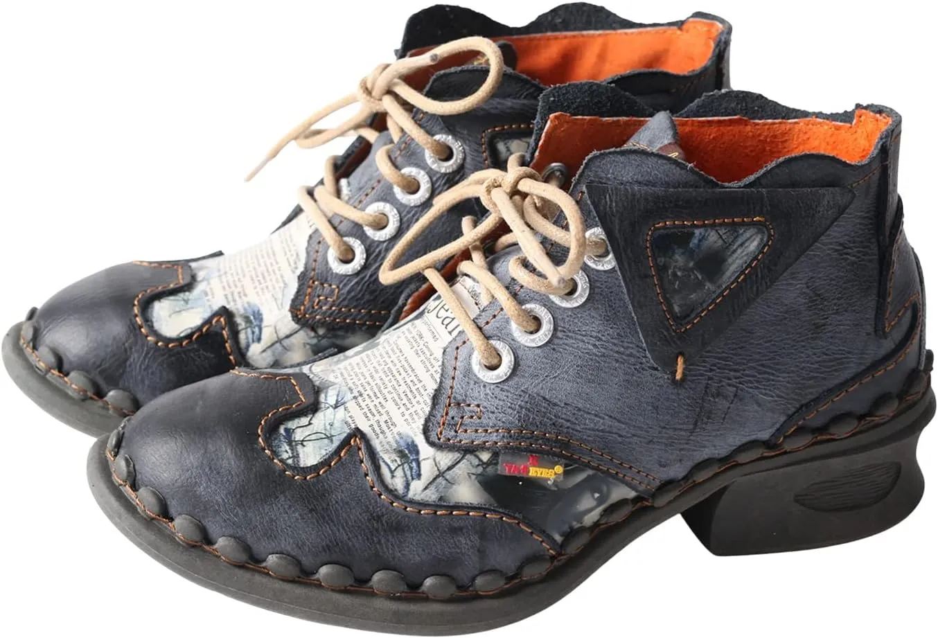 TMA EYES Leather Women's Ankle Boots Shoes for Outdoor,Medium heel, Floral Newspaper Printed Leather Material